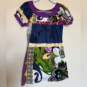 Aryeh Mini Dress Sz Small Floral Puff Sleeves Boho 100% Cotton Lined Multicolor